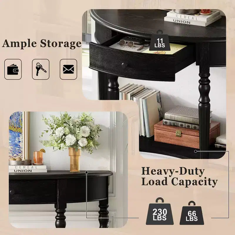 Half Moon Console Table with Drawer & Shelf