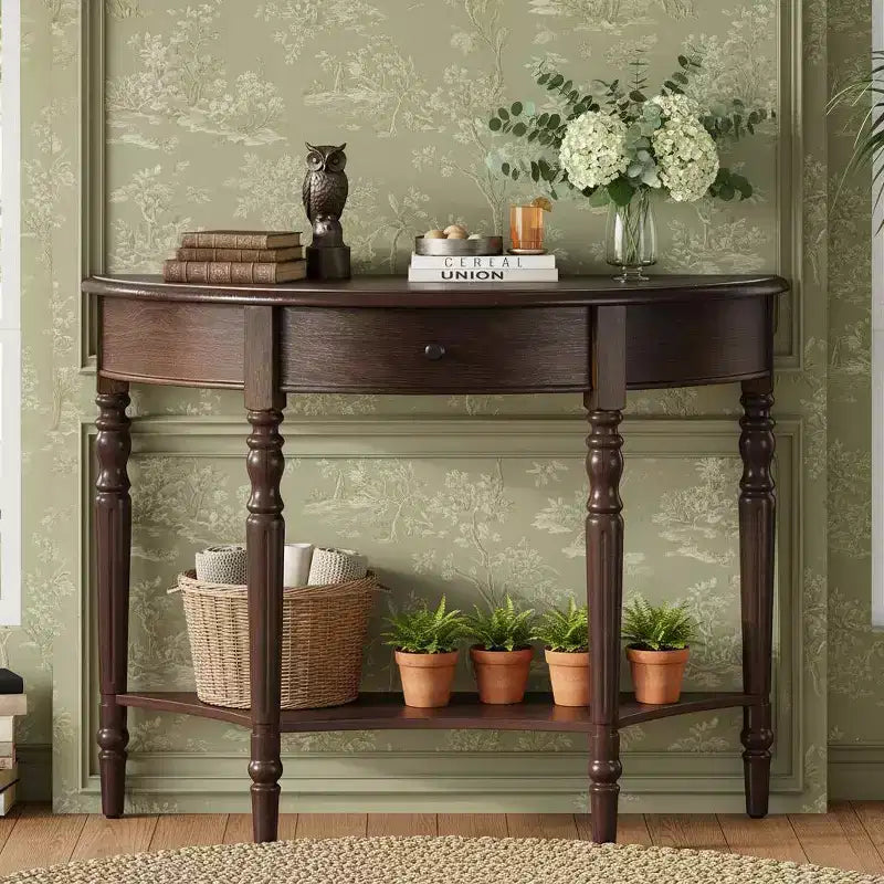 Half Moon Console Table with Drawer & Shelf