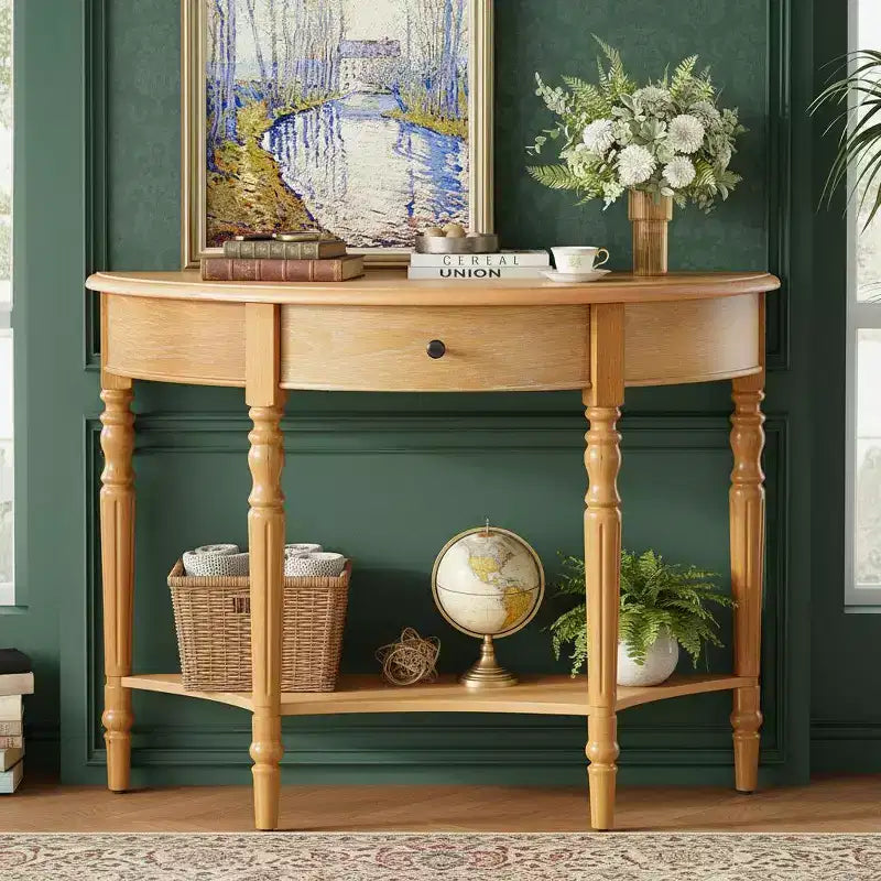 Half Moon Console Table with Drawer & Shelf