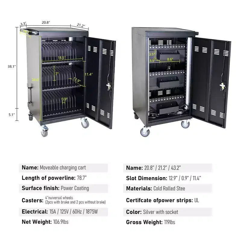 45-Device Mobile Charging Cart with Lock & Key, 4 Caster Tablet Laptop Charging Station for Classroom & Office