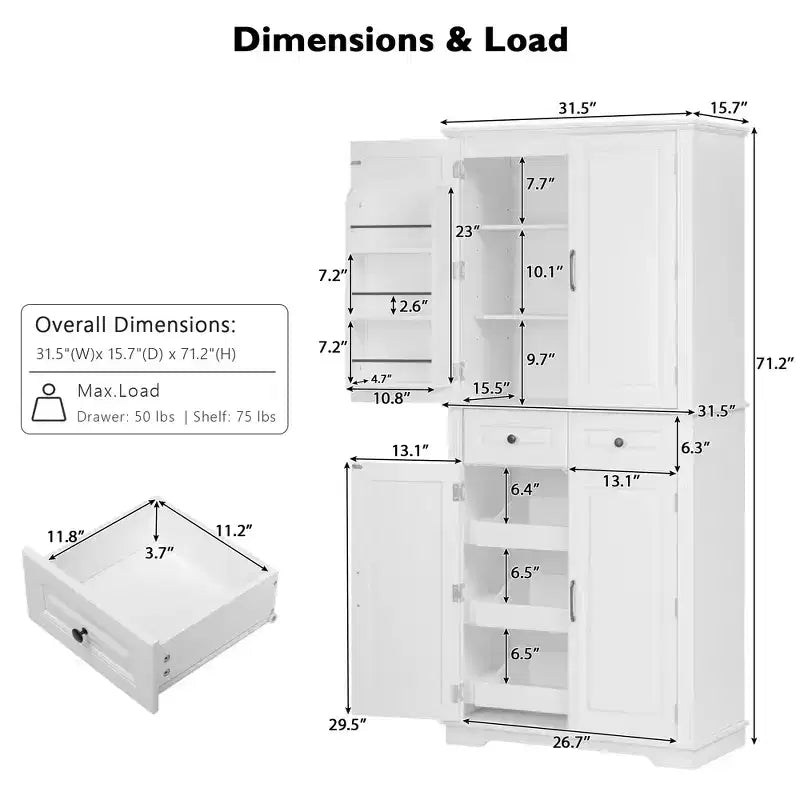 71" Kitchen Pantry Cabinet with 3 Pull-Out Organizers, 2 Drawers, 6 Door Shelves, Farmhouse Design