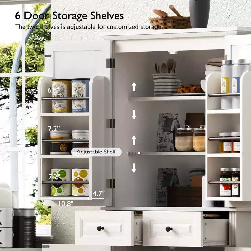 71" Kitchen Pantry Cabinet with 3 Pull-Out Organizers, 2 Drawers, 6 Door Shelves, Farmhouse Design