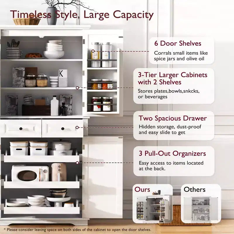 71" Kitchen Pantry Cabinet with 3 Pull-Out Organizers, 2 Drawers, 6 Door Shelves, Farmhouse Design