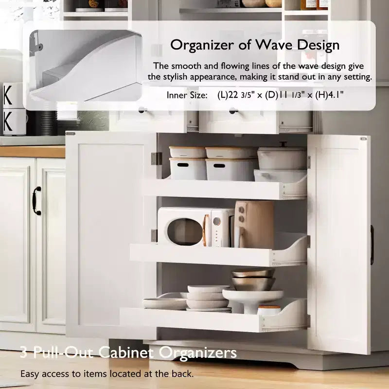 71" Kitchen Pantry Cabinet with 3 Pull-Out Organizers, 2 Drawers, 6 Door Shelves, Farmhouse Design