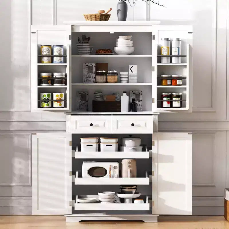71" Kitchen Pantry Cabinet with 3 Pull-Out Organizers, 2 Drawers, 6 Door Shelves, Farmhouse Design