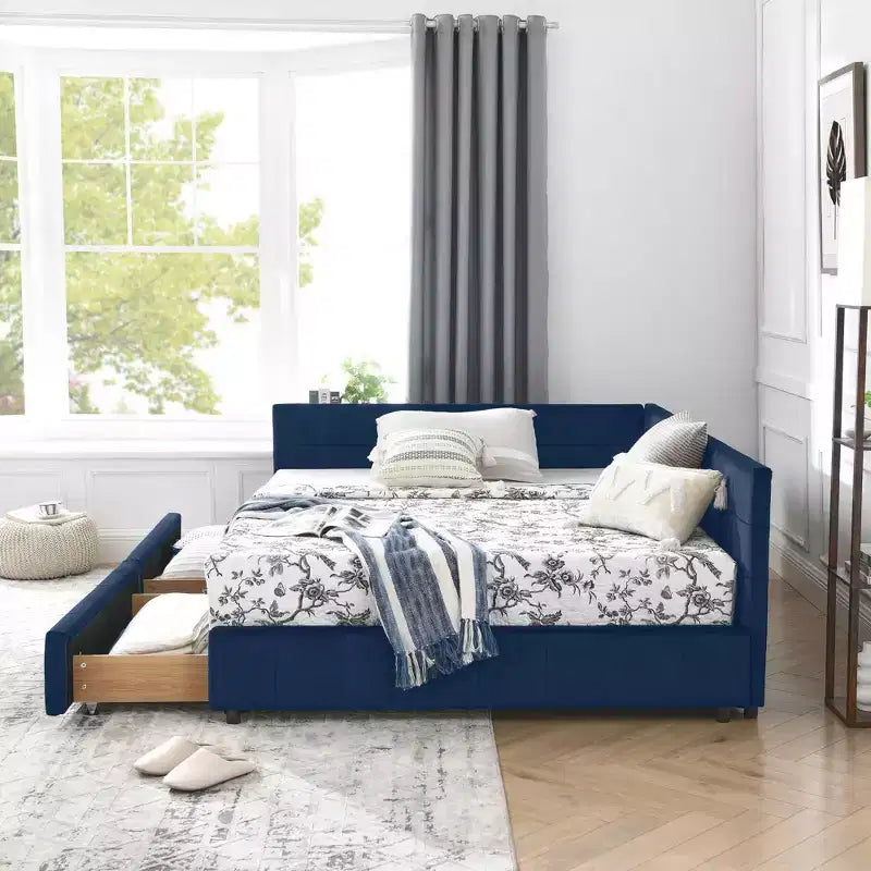 Full Size Storage Upholstered Daybed with Backrest and Armrests for Bedroom Living Room – Dark Blue