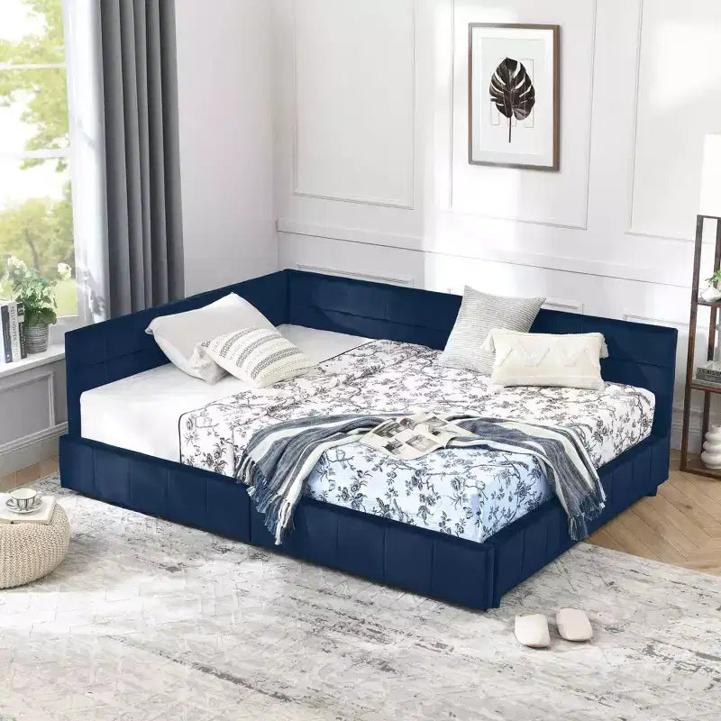 Full Size Storage Upholstered Daybed with Backrest and Armrests for Bedroom Living Room – Dark Blue