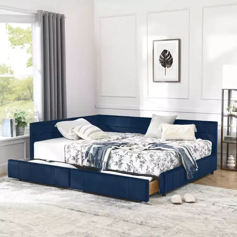 Full Size Storage Upholstered Daybed with Backrest and Armrests for Bedroom Living Room – Dark Blue