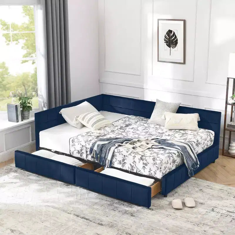 Full Size Storage Upholstered Daybed with Backrest and Armrests for Bedroom Living Room – Dark Blue