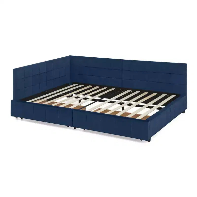 Full Size Storage Upholstered Daybed with Backrest and Armrests for Bedroom Living Room – Dark Blue