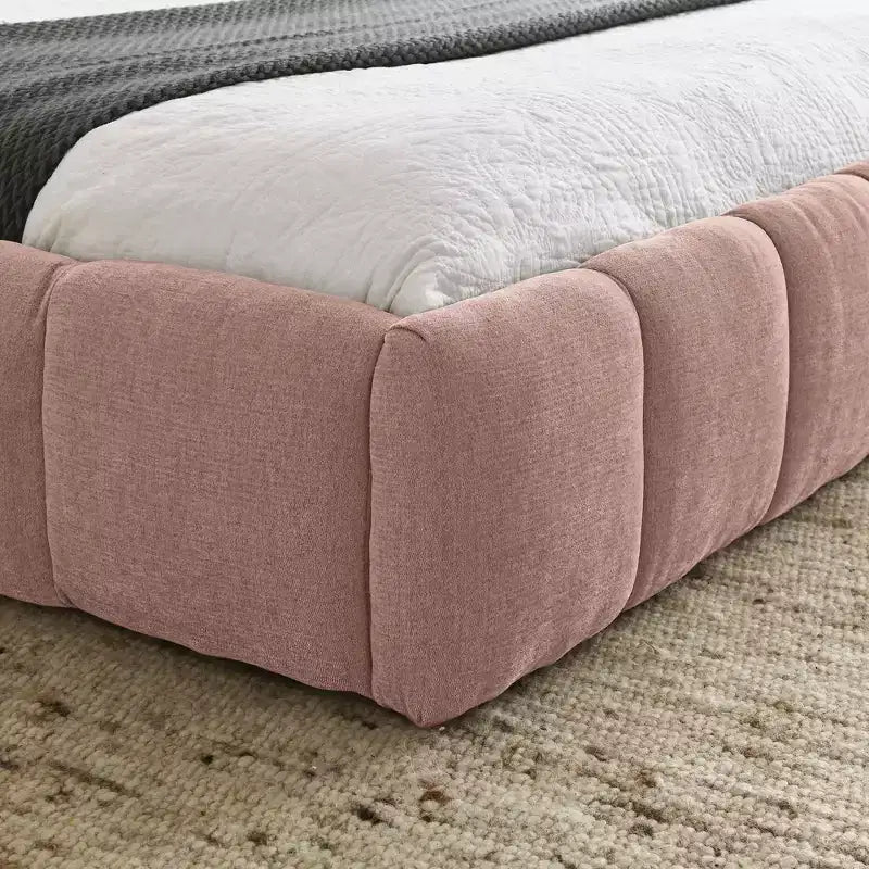 Queen Size Upholstered Bed Frame with Thick Fabric & Headboard, Solid Frame for Bedroom, Pink