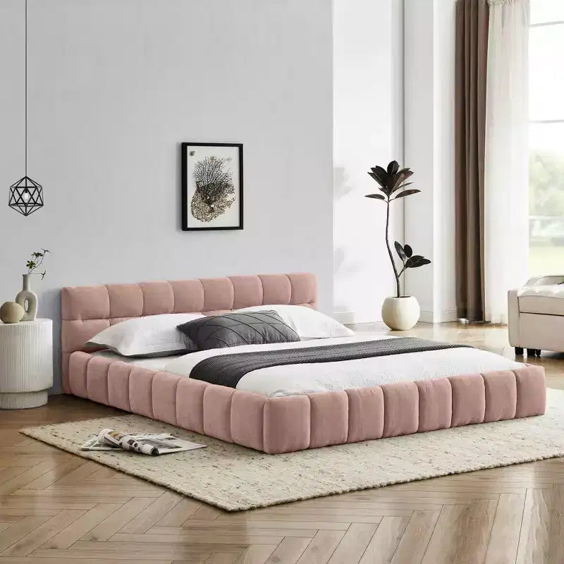 Queen Size Upholstered Bed Frame with Thick Fabric & Headboard, Solid Frame for Bedroom, Pink