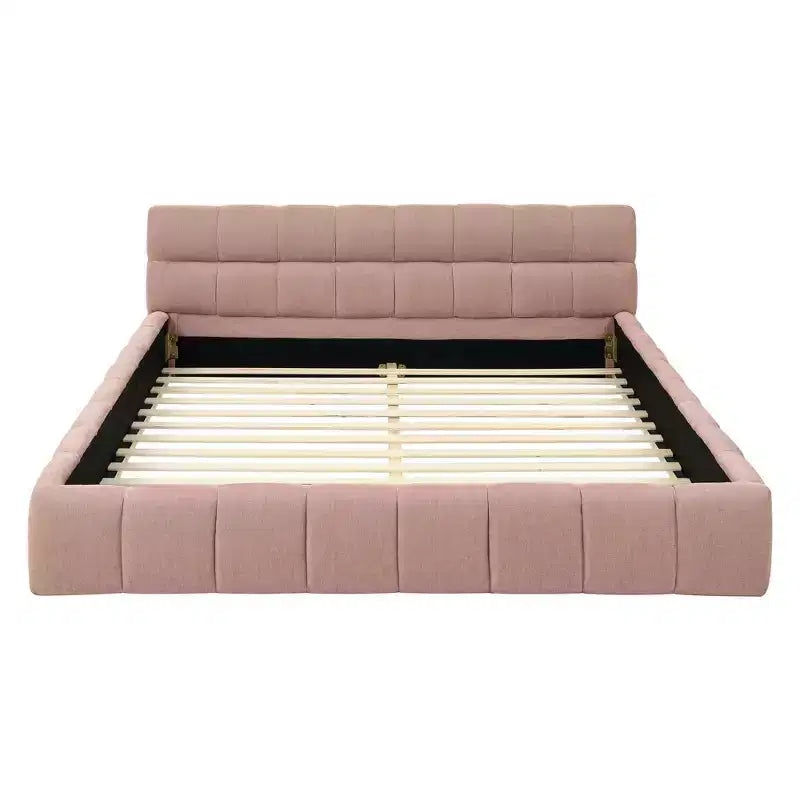 Queen Size Upholstered Bed Frame with Thick Fabric & Headboard, Solid Frame for Bedroom, Pink