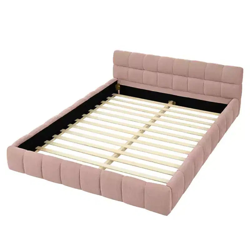 Queen Size Upholstered Bed Frame with Thick Fabric & Headboard, Solid Frame for Bedroom, Pink