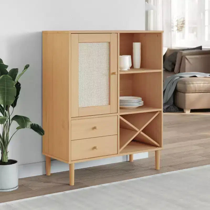 Highboard Tall Storage Side Cabinet Rattan Look Solid Wood Pine