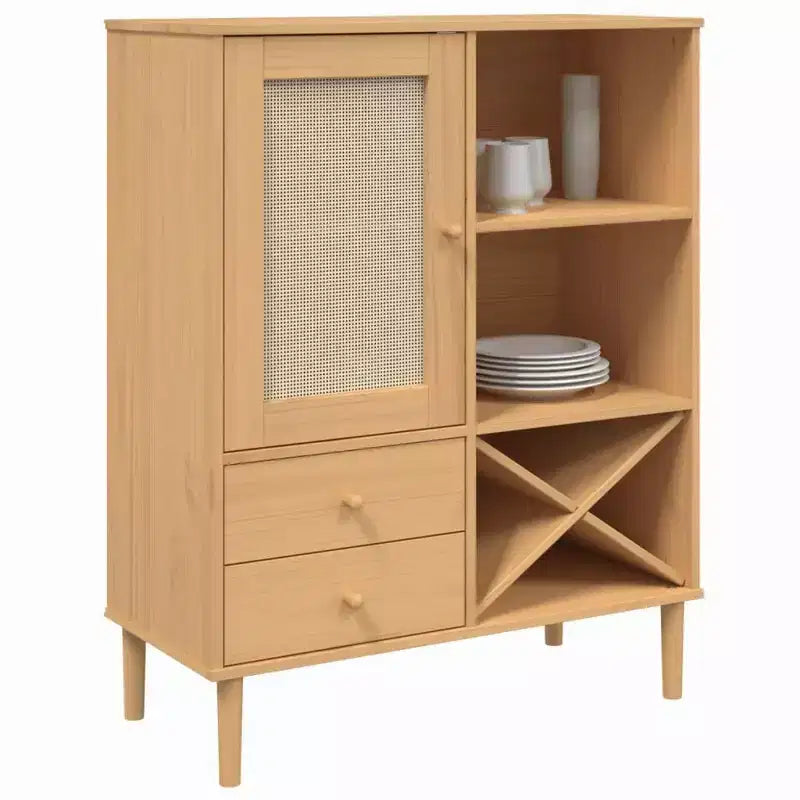 Highboard Tall Storage Side Cabinet Rattan Look Solid Wood Pine