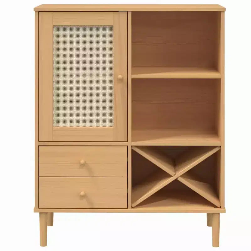 Highboard Tall Storage Side Cabinet Rattan Look Solid Wood Pine
