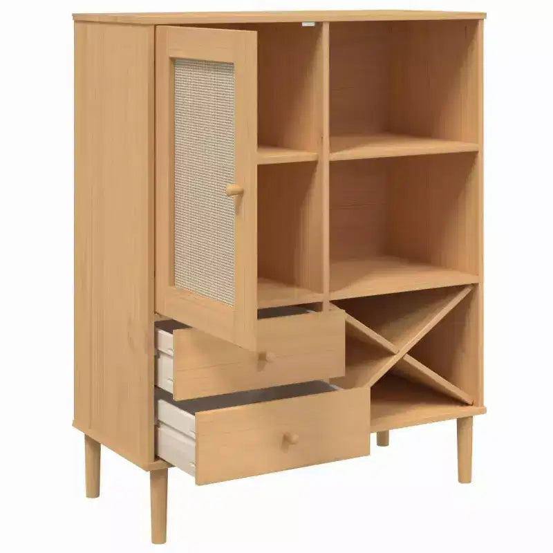 Highboard Tall Storage Side Cabinet Rattan Look Solid Wood Pine
