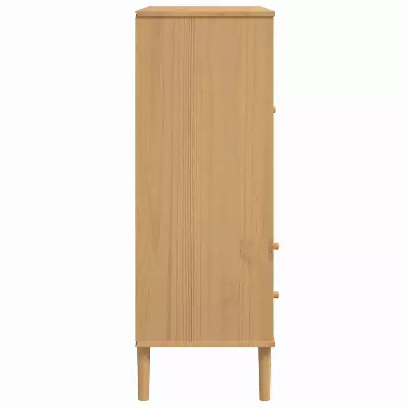 Highboard Tall Storage Side Cabinet Rattan Look Solid Wood Pine