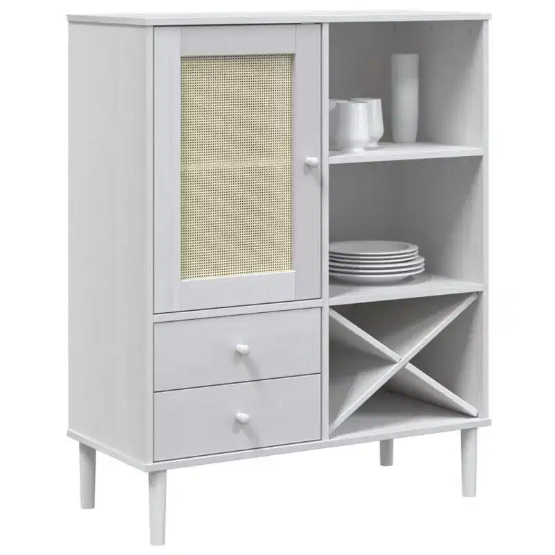 Highboard Tall Storage Side Cabinet Rattan Look Solid Wood Pine