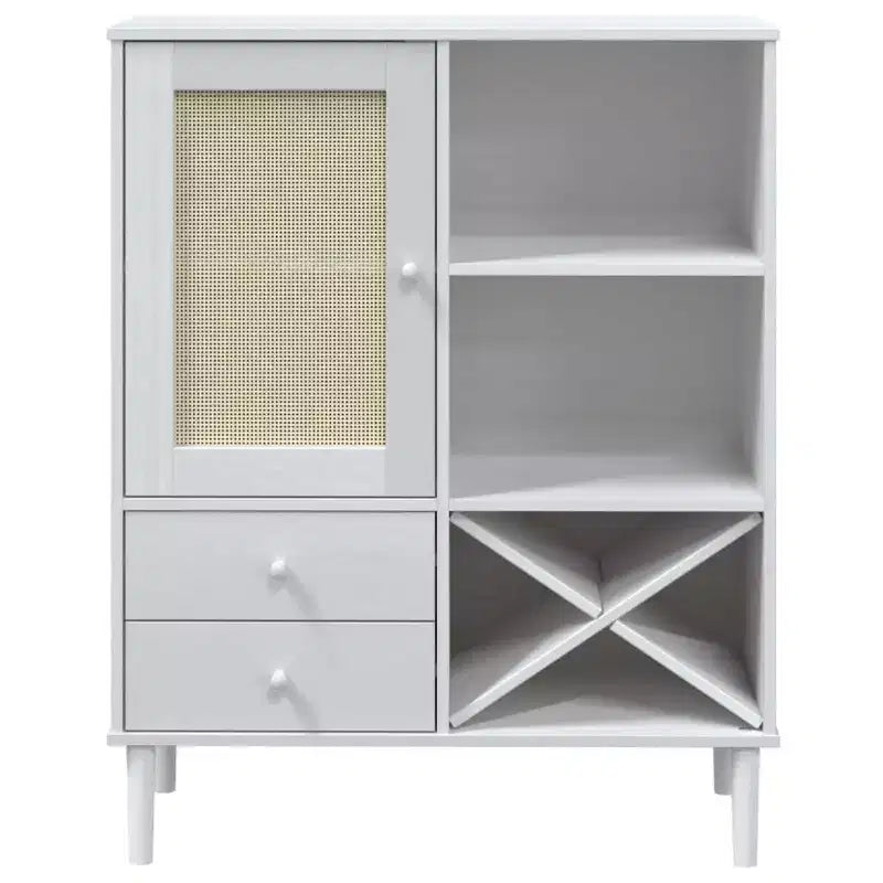 Highboard Tall Storage Side Cabinet Rattan Look Solid Wood Pine