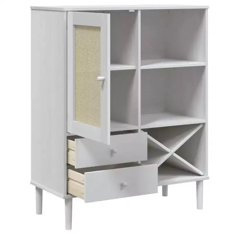 Highboard Tall Storage Side Cabinet Rattan Look Solid Wood Pine