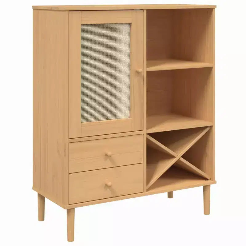 Highboard Tall Storage Side Cabinet Rattan Look Solid Wood Pine
