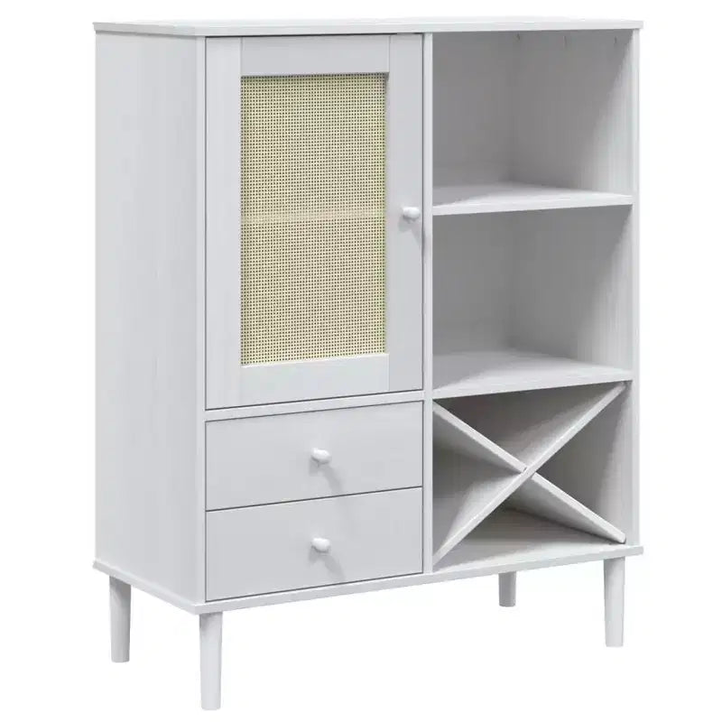 Highboard Tall Storage Side Cabinet Rattan Look Solid Wood Pine