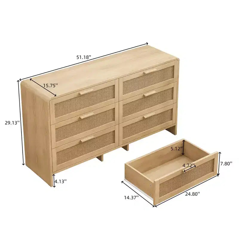 51.18-inch Solid Wood Curved Corner Rattan Cabinet with 6 Deep Drawers