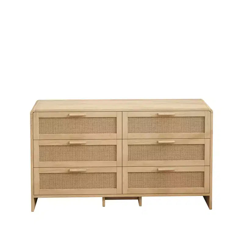 51.18-inch Solid Wood Curved Corner Rattan Cabinet with 6 Deep Drawers