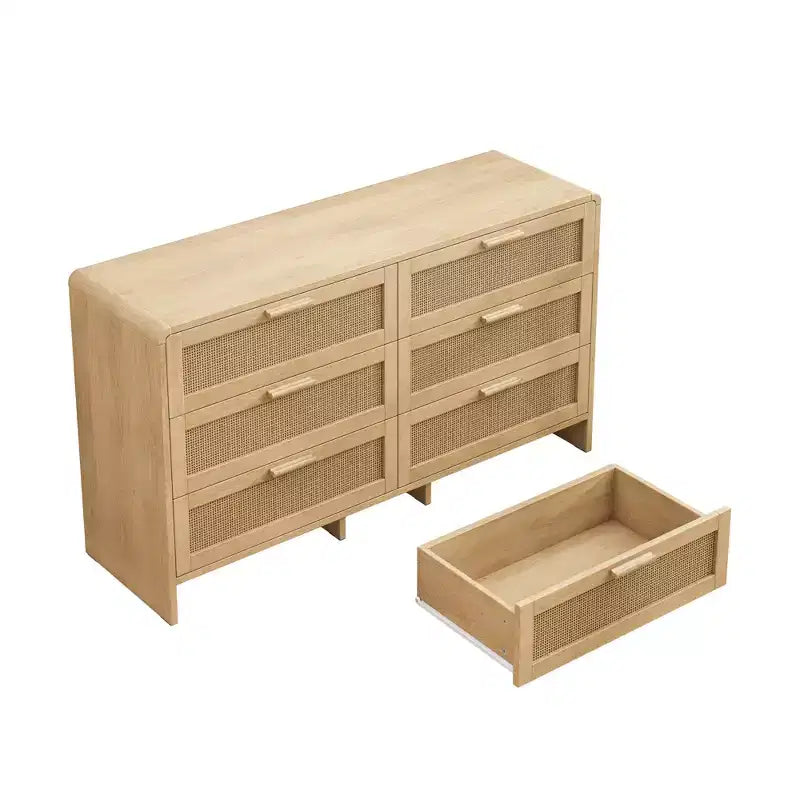51.18-inch Solid Wood Curved Corner Rattan Cabinet with 6 Deep Drawers