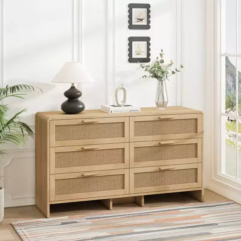 51.18-inch Solid Wood Curved Corner Rattan Cabinet with 6 Deep Drawers