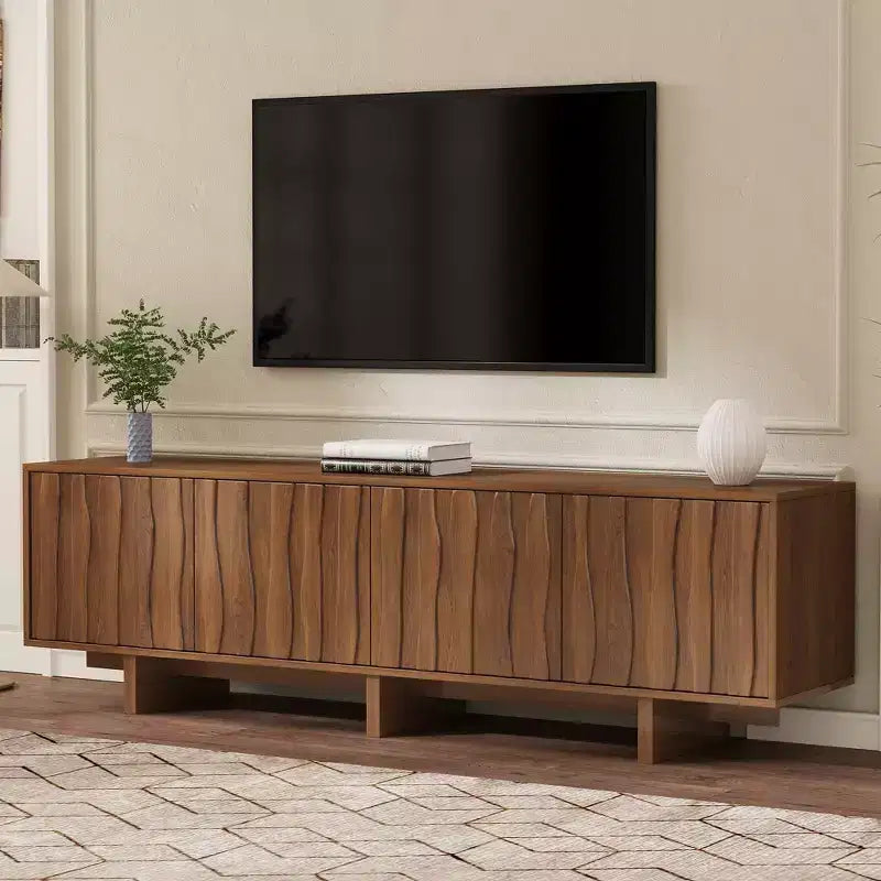 Retro Wood Grain TV Stand with Corrugated Doors, Fits TVs up to 75", Country-Style Media Console with Ample Storage