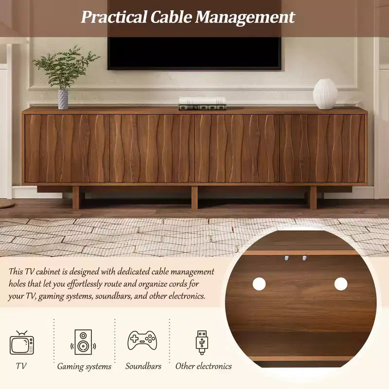 Retro Wood Grain TV Stand with Corrugated Doors, Fits TVs up to 75", Country-Style Media Console with Ample Storage