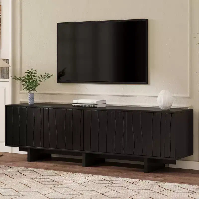Retro Wood Grain TV Stand with Corrugated Doors, Fits TVs up to 75", Country-Style Media Console with Ample Storage