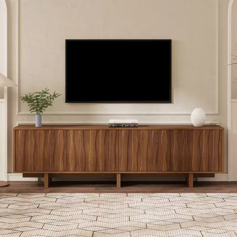 Retro Wood Grain TV Stand with Corrugated Doors, Fits TVs up to 75", Country-Style Media Console with Ample Storage