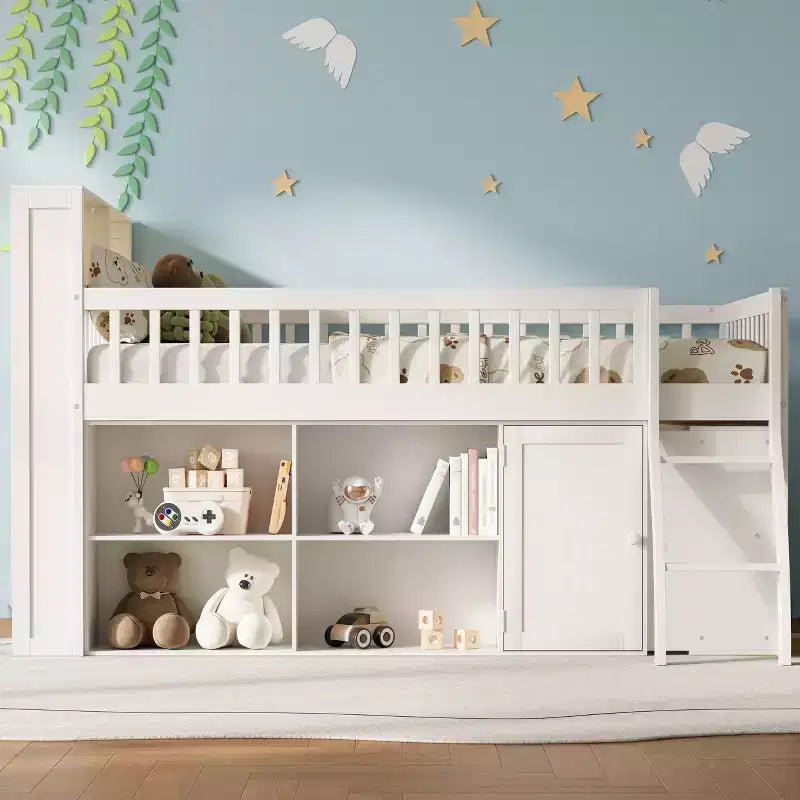 Full/Queen Size Loft Bed with Built-in Shelves & LED Headboard Light