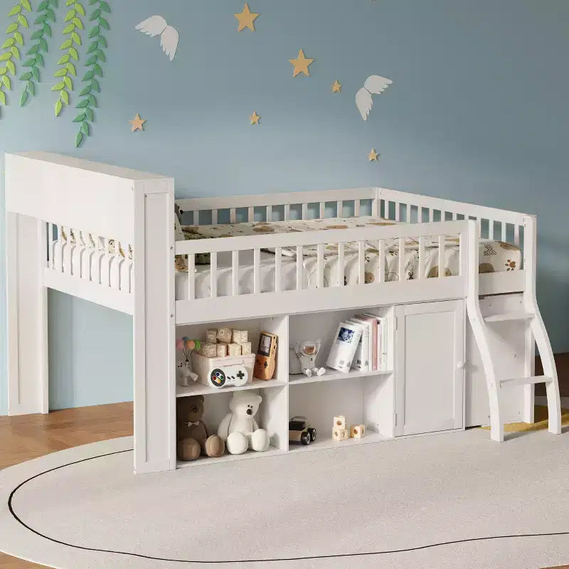 Full/Queen Size Loft Bed with Built-in Shelves & LED Headboard Light