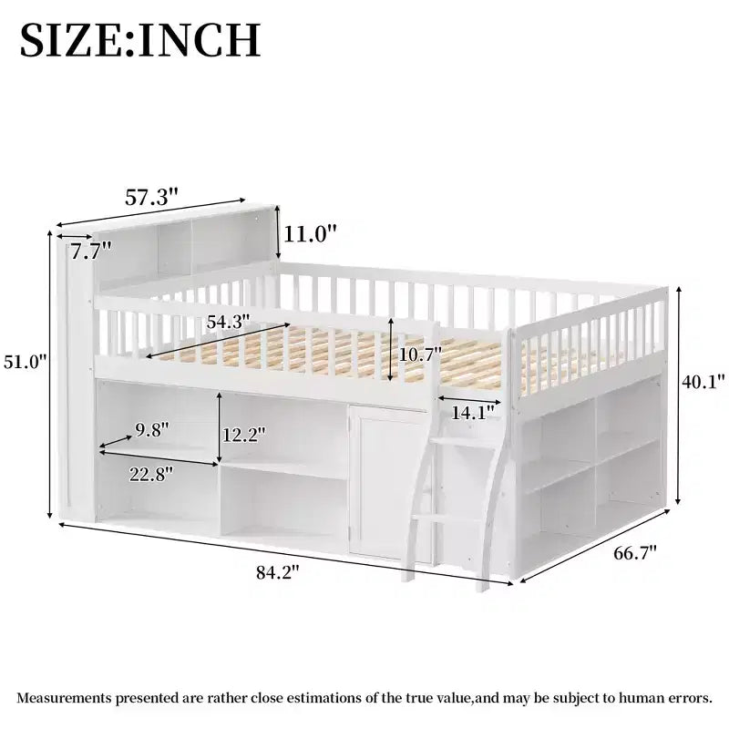 Full/Queen Size Loft Bed with Built-in Shelves & LED Headboard Light
