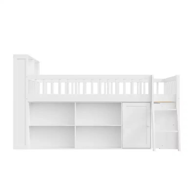 Full/Queen Size Loft Bed with Built-in Shelves & LED Headboard Light