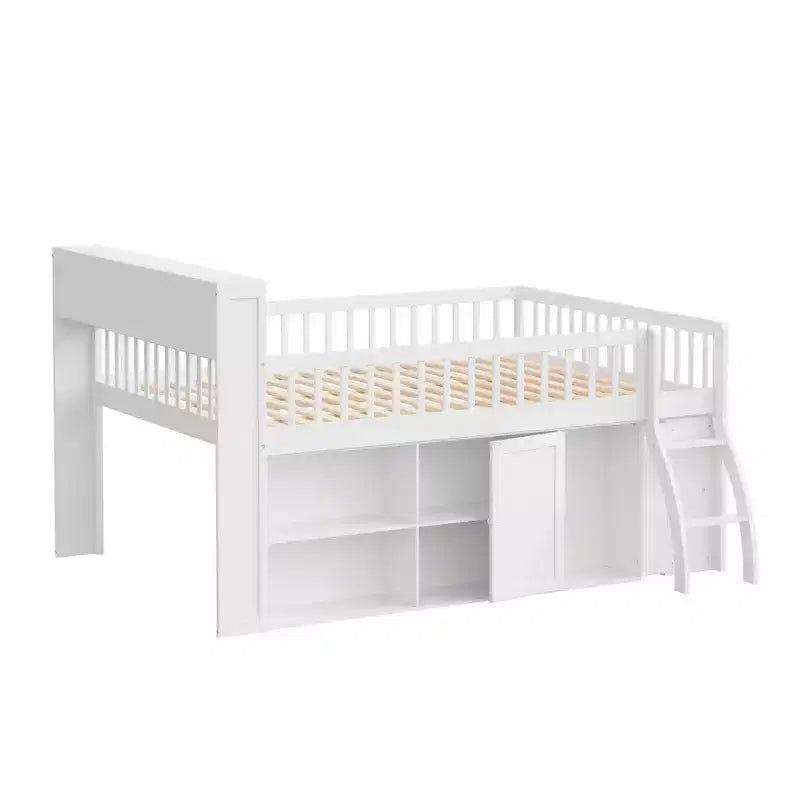 Full/Queen Size Loft Bed with Built-in Shelves & LED Headboard Light