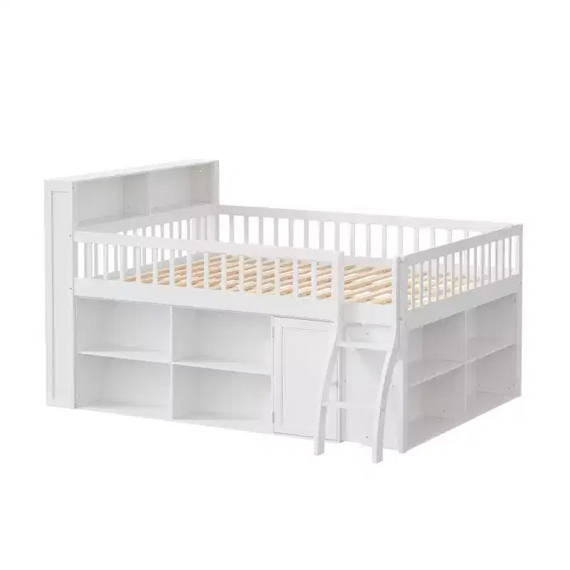 Full/Queen Size Loft Bed with Built-in Shelves & LED Headboard Light