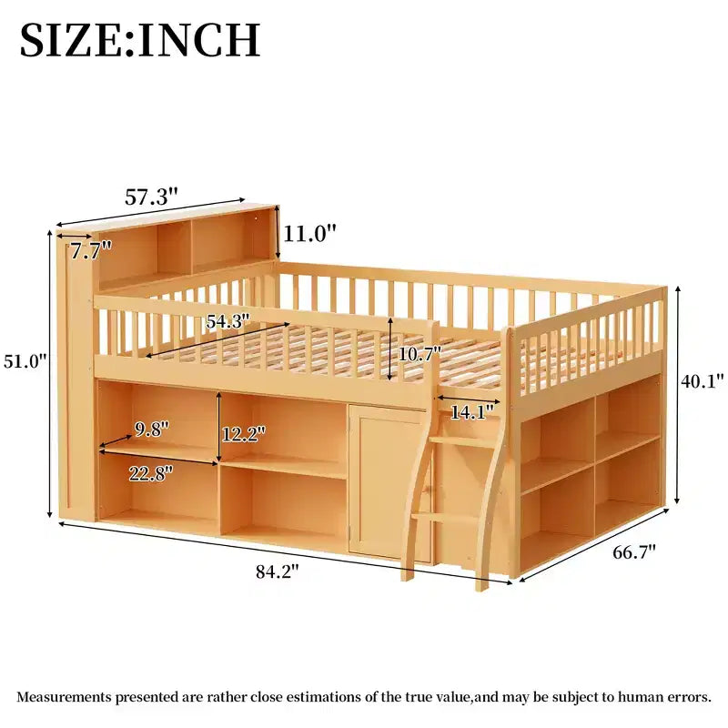 Full/Queen Size Loft Bed with Built-in Shelves & LED Headboard Light