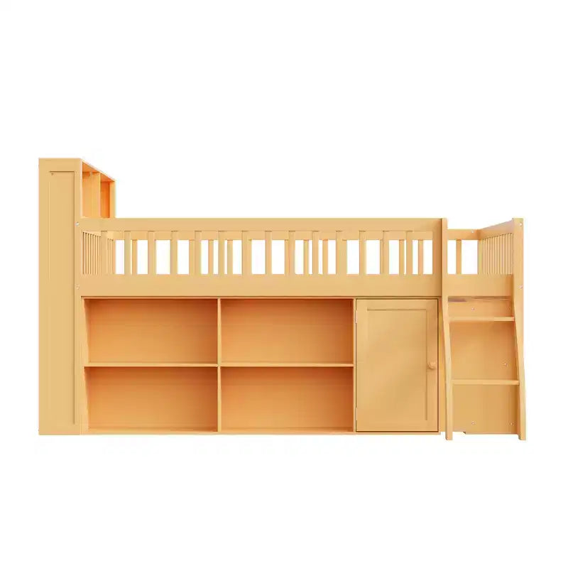 Full/Queen Size Loft Bed with Built-in Shelves & LED Headboard Light