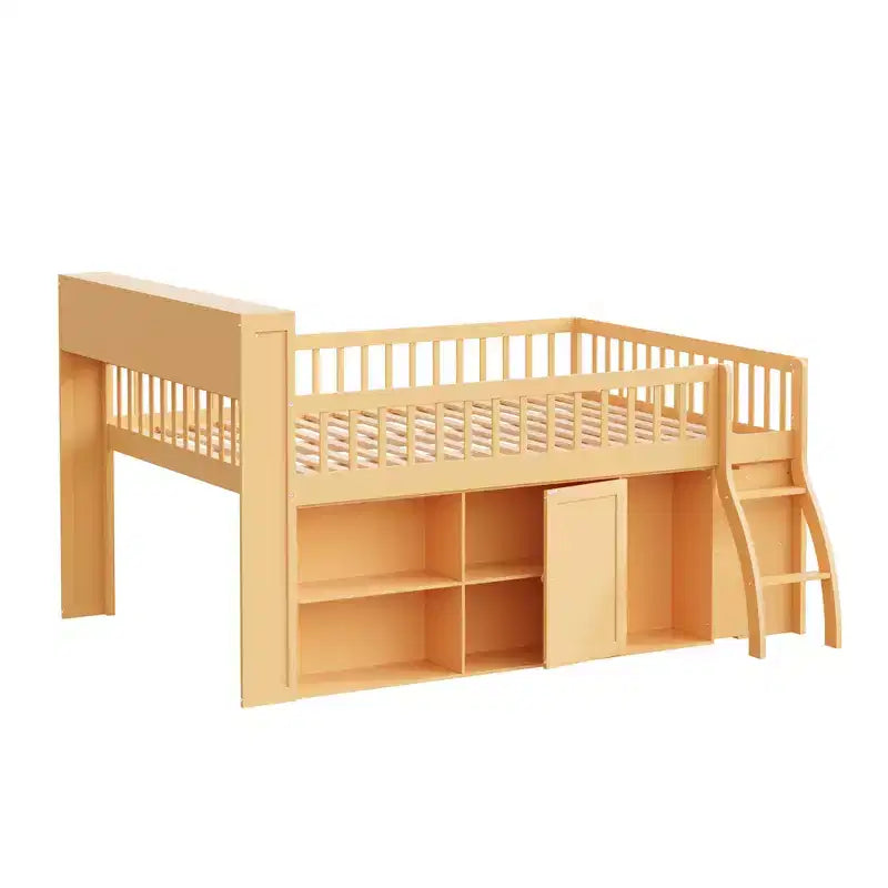 Full/Queen Size Loft Bed with Built-in Shelves & LED Headboard Light