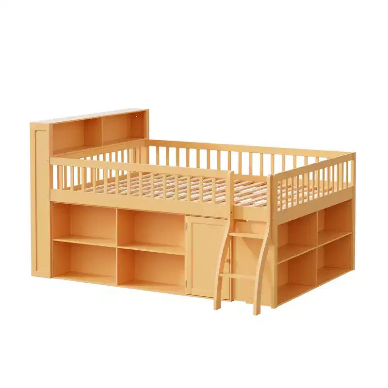 Full/Queen Size Loft Bed with Built-in Shelves & LED Headboard Light