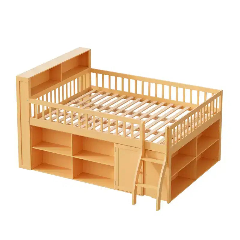 Full/Queen Size Loft Bed with Built-in Shelves & LED Headboard Light