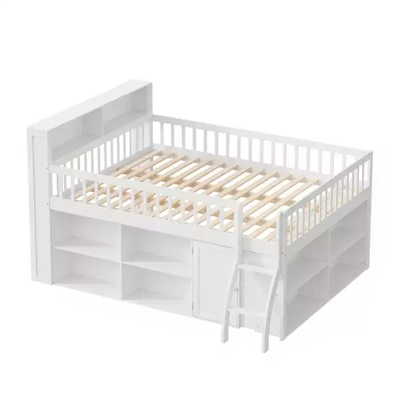Full/Queen Size Loft Bed with Built-in Shelves & LED Headboard Light