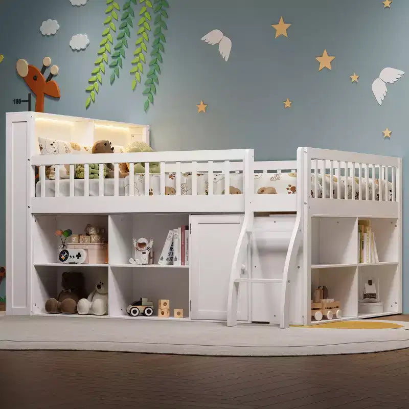 Full/Queen Size Loft Bed with Built-in Shelves & LED Headboard Light