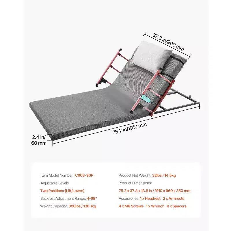 Electric Lifting Backrest for Bed, 300 lbs Capacity, 4-68° Adjustable, with Foldable Guardrail & Headrest, Gray